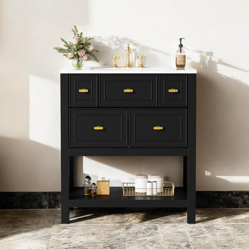 Meuble-lavabo simple autoportant de 30 po avec plateau en céramique, assemblage requis, Noir, noir, noir, noir