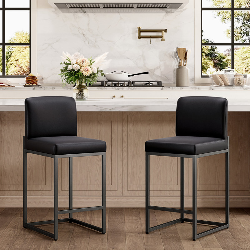 24" Modern Upholstered Kitchen Counter Stool with Black Metal Sled Base & Midnight Faux Leather (Set of 2), Black, 2