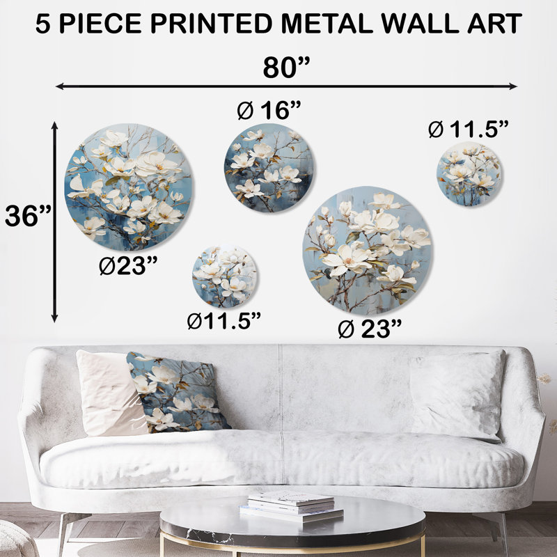 «Blue and White Magnolias Flowers Harmony IV», ensemble d'art mural en métal Magnolias