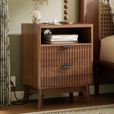 Walnut Nightstand, Narrow Wood Bedside Table with Storage Drawer, Modern Bedroom Nightstand, 17.7"x13.8"x23.4"