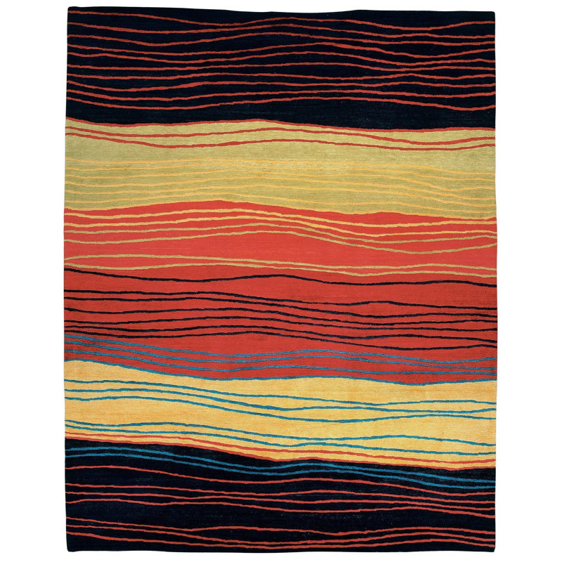 Tides Wool Abstract Area Rug in Black/Red/Beige, Rectangle 6' x 9'