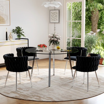 Round Dining Table Set for 4, Mid-century Modern Kitchen Table and Woven Velvet Upholstered Dining Chairs for Dining Room, Apartment