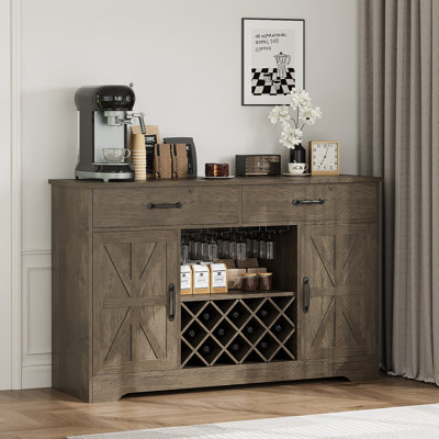Coffee Bar Cabinet With Storage And Wine Rack, Glass Holder And 2 Drawers, Buffet Console Sideboard For Kitchen Dining Room