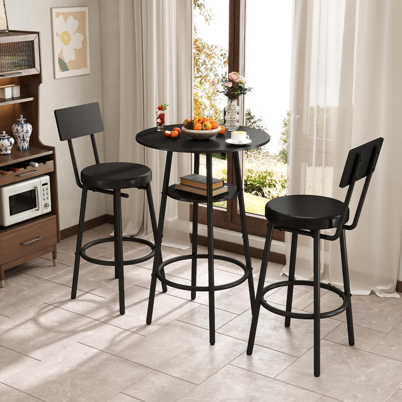 3-Piece Black Round Bar Table Set for 2 with Storage, Black, Black