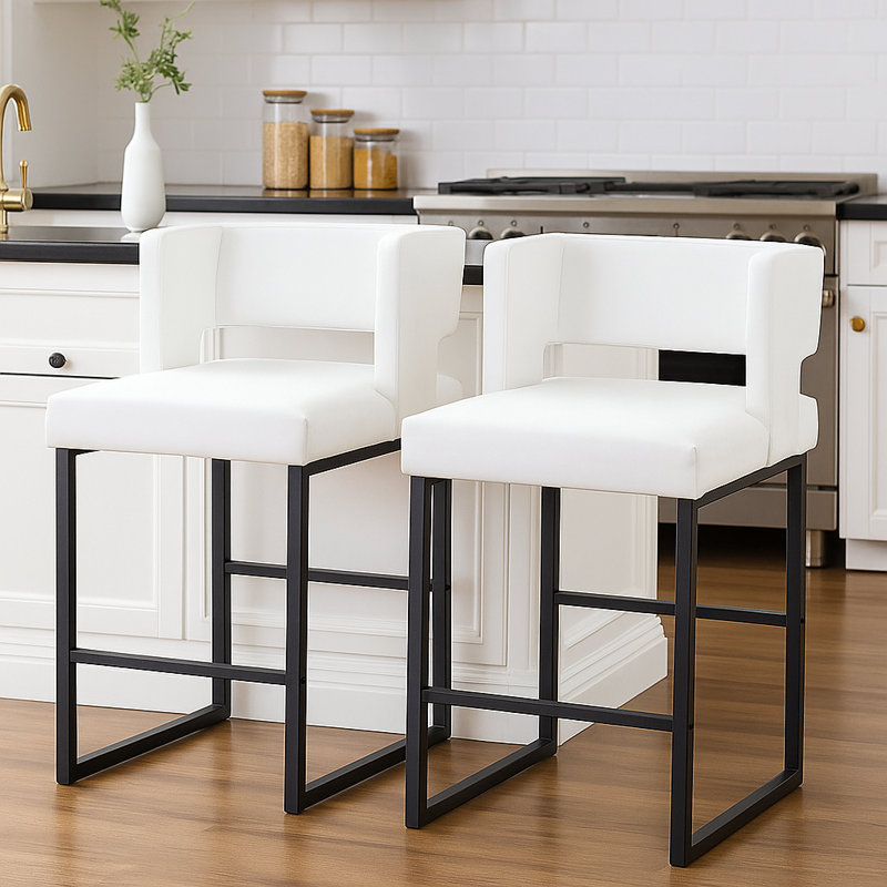 Faux Leather Upholstered Counter Bar Stool (Set of 2), White, Black