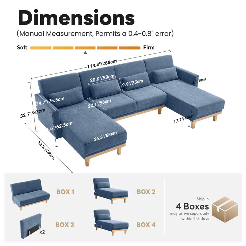 Canapé modulaire en chenille de 113,4 po de largeur avec support à 3 niveaux et dossier réglable à 3 niveaux en bois massif