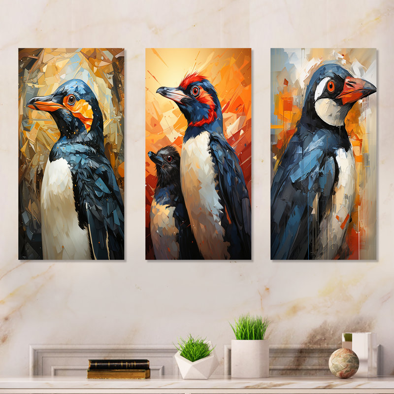 Curious Penguins Snowy Wonders - Ensemble de 3 impressions de pingouins en métal, H 28 po x l 36 po