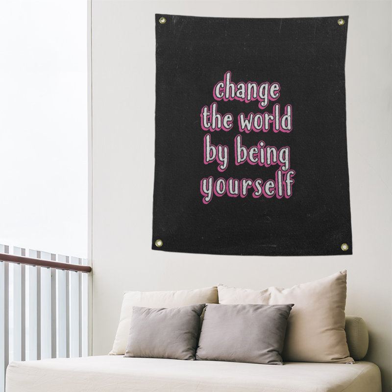 Tableau noir de polyester change the world quote tapisserie, H 36 po x l 26 po, Rose