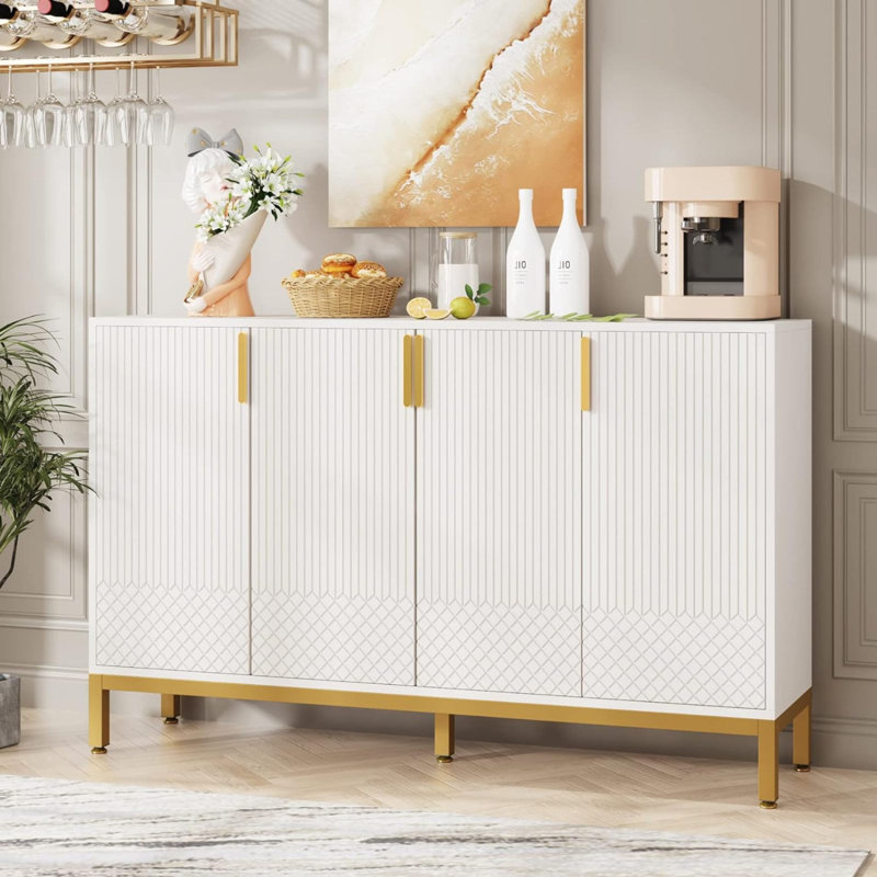 59.74" Luxury White & Gold Buffet Sideboard Cabinet With Storage & Geometric Doors, White