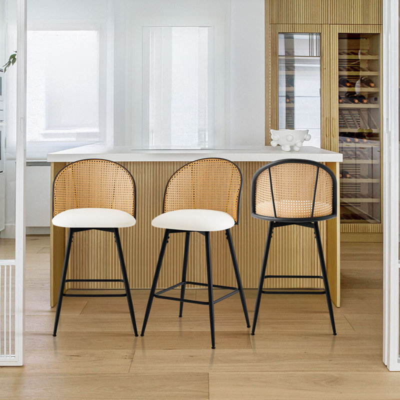Natural Rattan and White Leather Swivel Counter Stools, Set of 3
