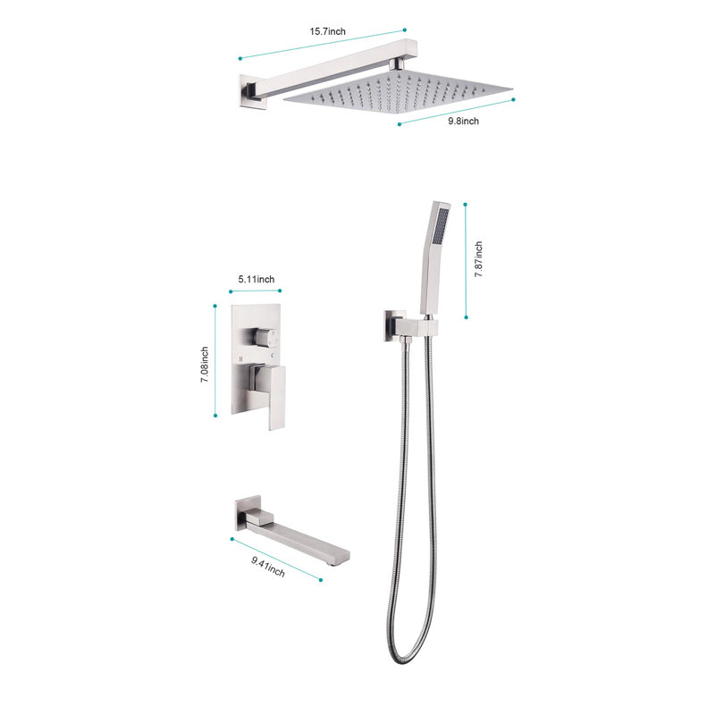 Douche murale avec pomme de pluie 10 po, nickel brossé, laiton robuste et acier inoxydable, douche agréable, système de tête de salle de bain, massage puissant et solide, luminaire