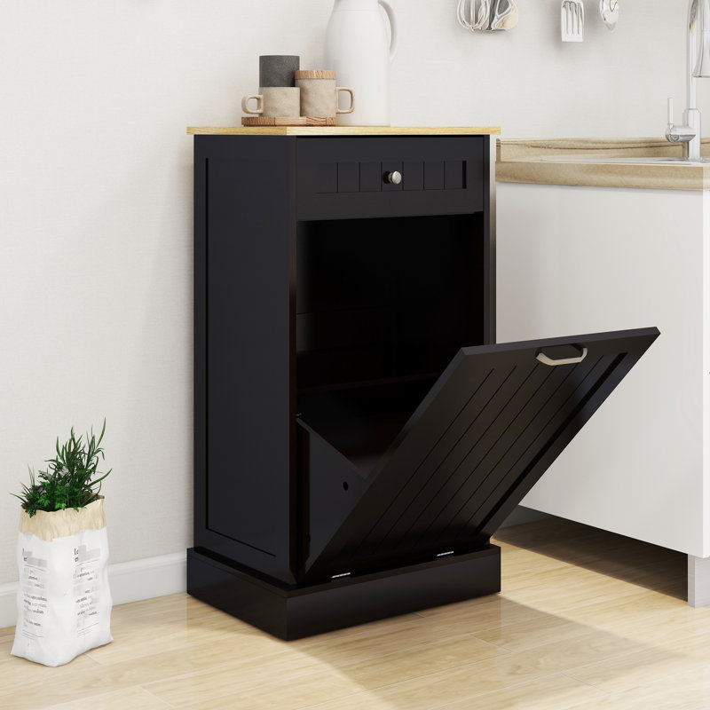 Armoire poubelle noire avec tiroir coulissant et compartiment inclinable, peut être utilisée comme boîte de recyclage, bloque les odeurs et un compartiment pour îlot de cuisine, armoire de buanderie fonctionnelle, peut supporter 70 livres