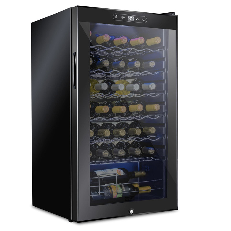 Schmecke 34 Bottle Compressor Wine Refrigerator, Freestanding Wine Cooler with Lock, Black