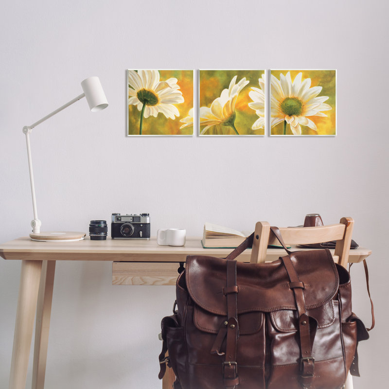 «Blooming Wild Daisies Field» par Pierre Viollet - peinture 3 pièces, H 12 po x l 36 po x P 0,5 po, Unframed