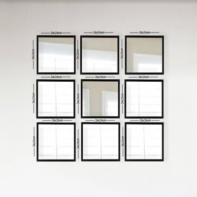 Ensemble de 9 miroirs élégants de 24 po x 24 po chacun | 100% verre avec cadre en plastique stratifié, 0,16 pouce d'épaisseur | Design élégant argenté et noir, parfait pour la décoration intérieure et les espaces de vie modernes