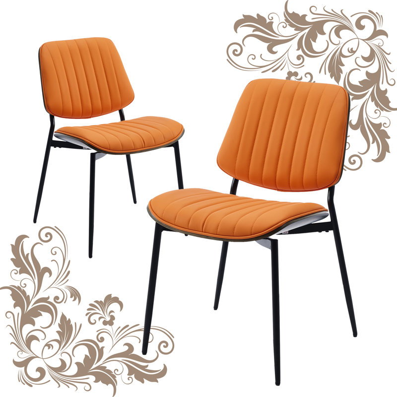 Chaise Mid-Century rétro en similicuir, ensemble de 2, Orange, Noir, noir, noir, noir