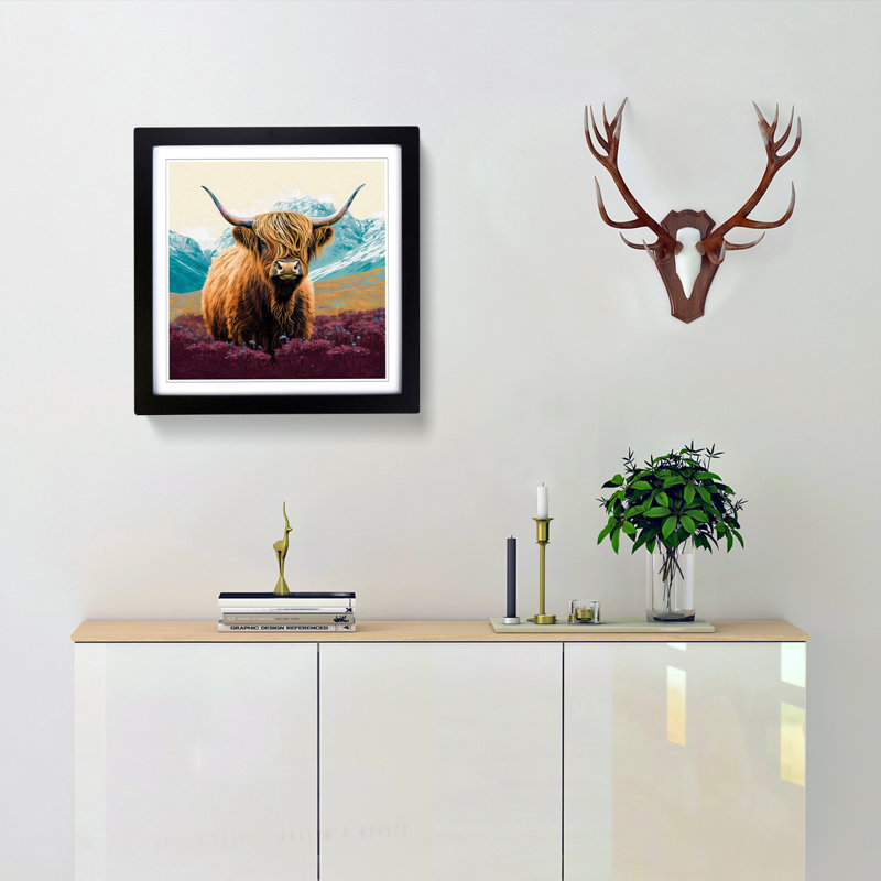Highland Cow Color Field Painting - Single Picture Frame Print on Wood, Black