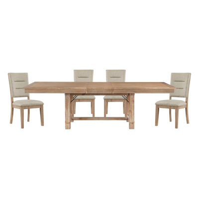 Light Oak Finish 5Pc Dining Set Table With Self-Storing Leaf And Beige Side Chairs Wooden Dining Furniture