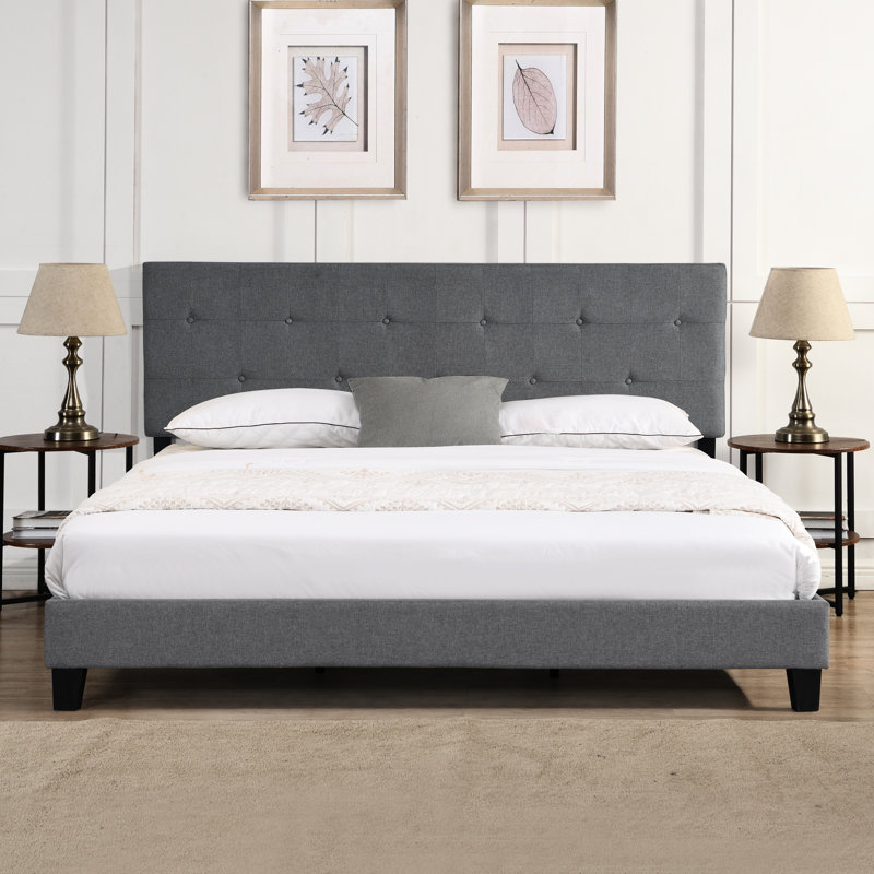 Gray King Size Upholstered Bed, Button Headboard, No Box Spring, Wood Slat Base, Easy Assembly Support Secure