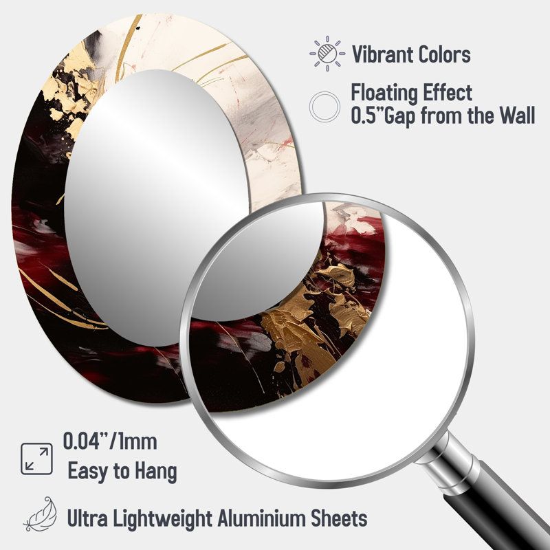 Or et rouge Flusion Fusion I - grand miroir mural ovale sur métal, 40 po x 30 po