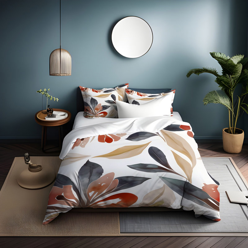 Floral Duvet Cover, King Duvet Cover + 2 King Shams, Beige/Black/White Floral 1