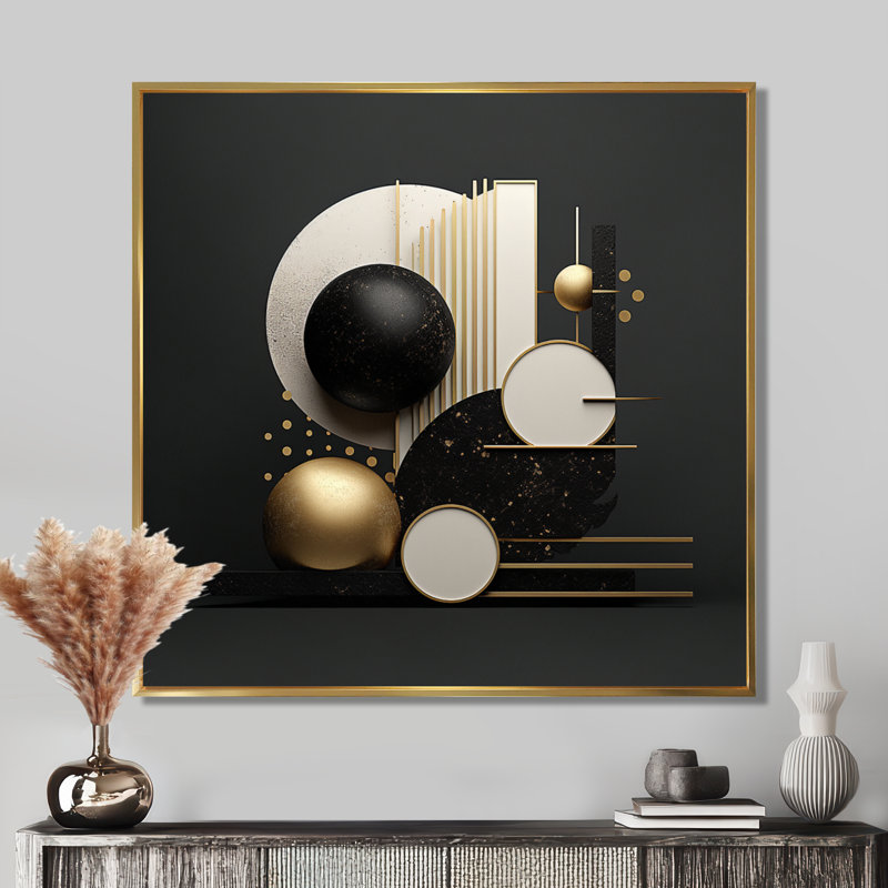 Zen Spheres Balance or et noir - décoration murale géométrique, Toile avec cadre flottant or, 30" H x 30" W x 1" D