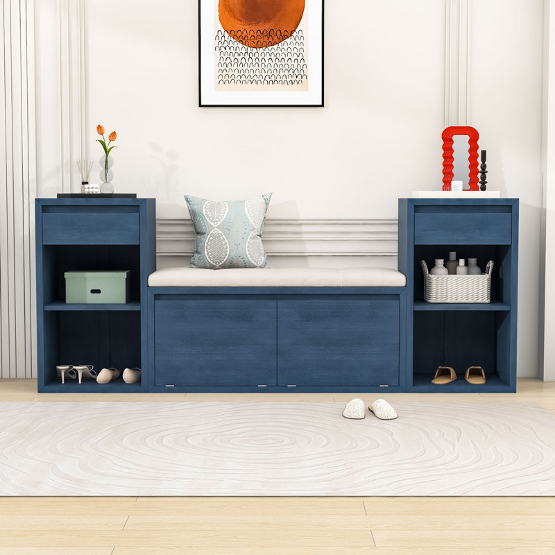 Banc de rangement en bois avec coussin, 2 tiroirs, compartiments rabattables et tablettes ouvertes réglables