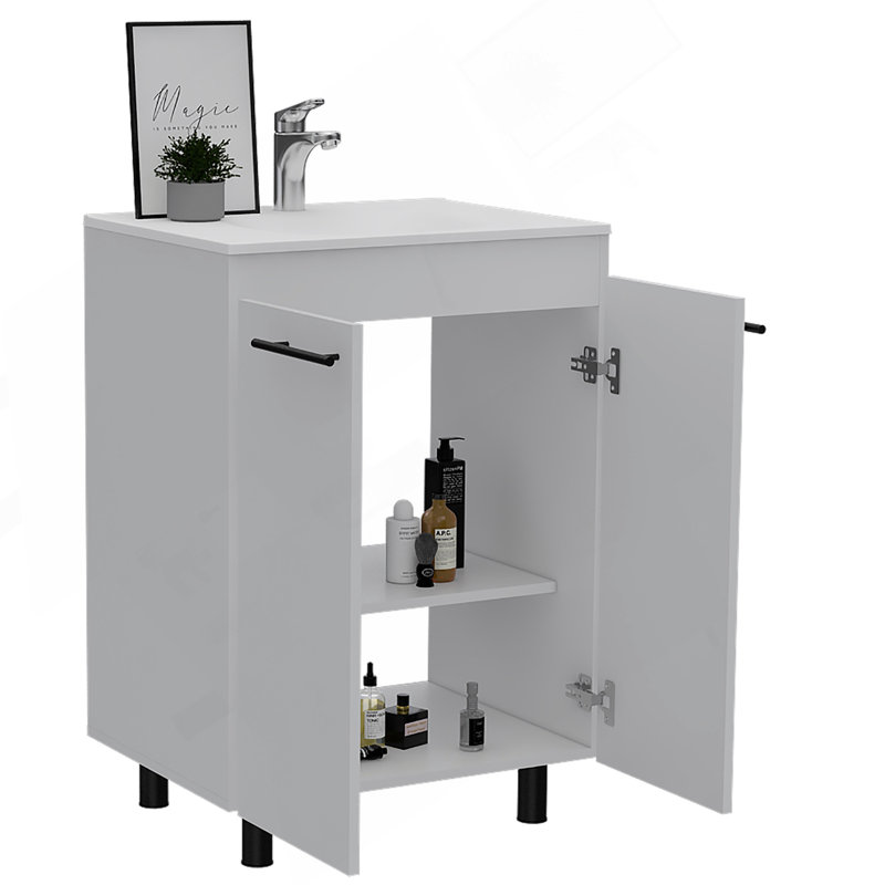Meuble-lavabo de 24 po Khari, armoire de plancher, porte double, deux tablettes - blanc