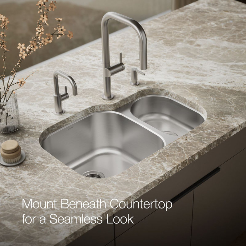Undertone® 31" L x 20-1/8" W x 9-1/2" Under-Mount Large/Medium Double-Bowl Kitchen Sink, Large/Small Double-Bowl