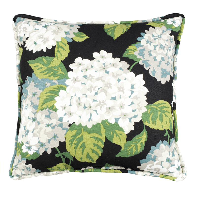 Hydrangea Floral Print Black and Green Cotton Square Pillow