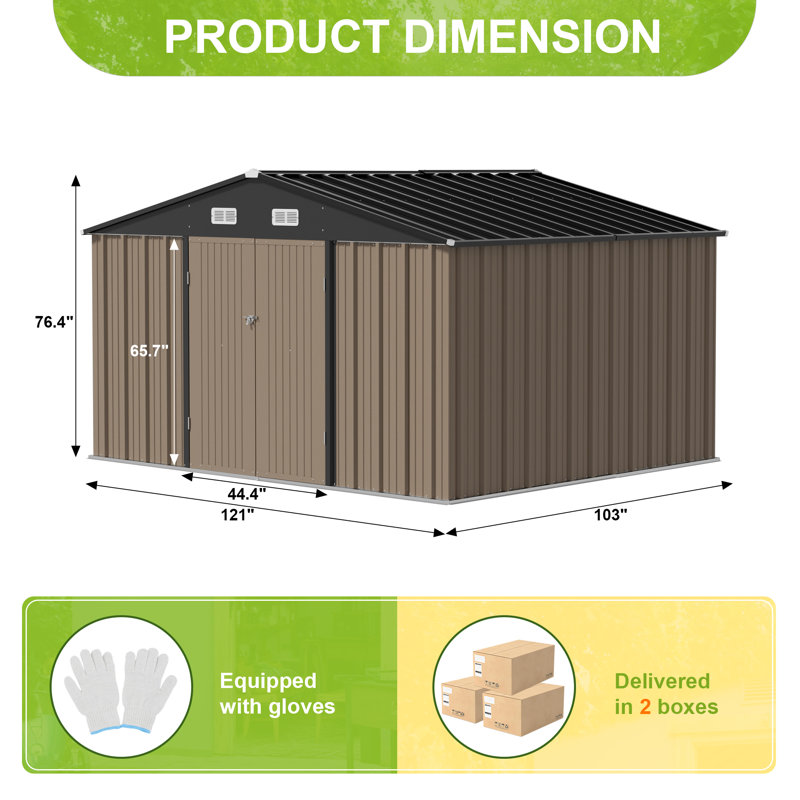 Outdoor Metal Storage Tool Shed, 76.4" H x 121" W x 103" D, Brown/Black