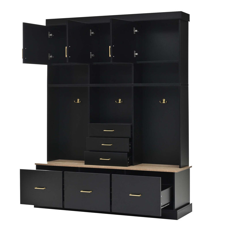 75'' H Entryway Hall Tree With Bench And Storage, 5-In-1 Modern Hall Tree With Coat Rack, 6 Drawers, 3 Cabinets And 3-Tier Top Storage For Hallway, Entryway, Living Room, Mudroom