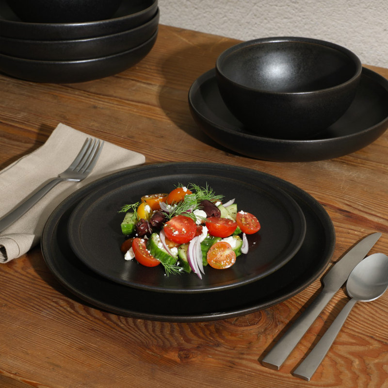 Gibson Elite Beckett Stoneware Matte Reactive Glaze 16 Piece Plates and Bowls Dinnerware Set - Grey, Black