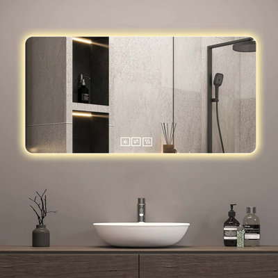 Frameless With Light LED Bathroom Mirror, Corrosion-Resistant, Three-Color Dimmable, Backlit Mirror With One-Touch Demist Function