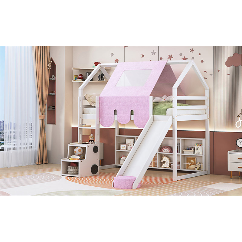 Cadre de lit mezzanine en bois avec tente, Lit simple, Blanc