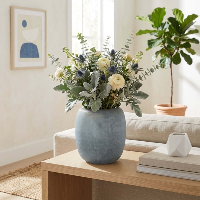 Decorative Round Glass Table Vase Home Tabletop Decor - Textured Tall Flower Vase Accent for Living Room or Bathroom Display - Blue