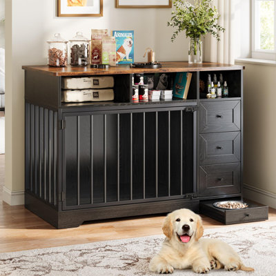Meuble de caisse pour chien 48 po, cage de ferme moyenne avec bol et tiroirs de rangement, table de bout robuste pour animal de compagnie pour petit moyen, noir