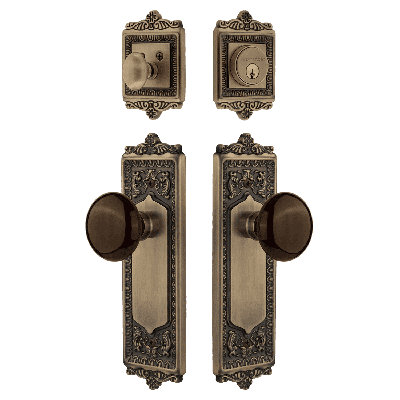 Nostalgic Warehouse Egg & Dart Entry Set With Brown Porcelain Knob In Antique Pewter-2 3/4" Backset-Universal Handing