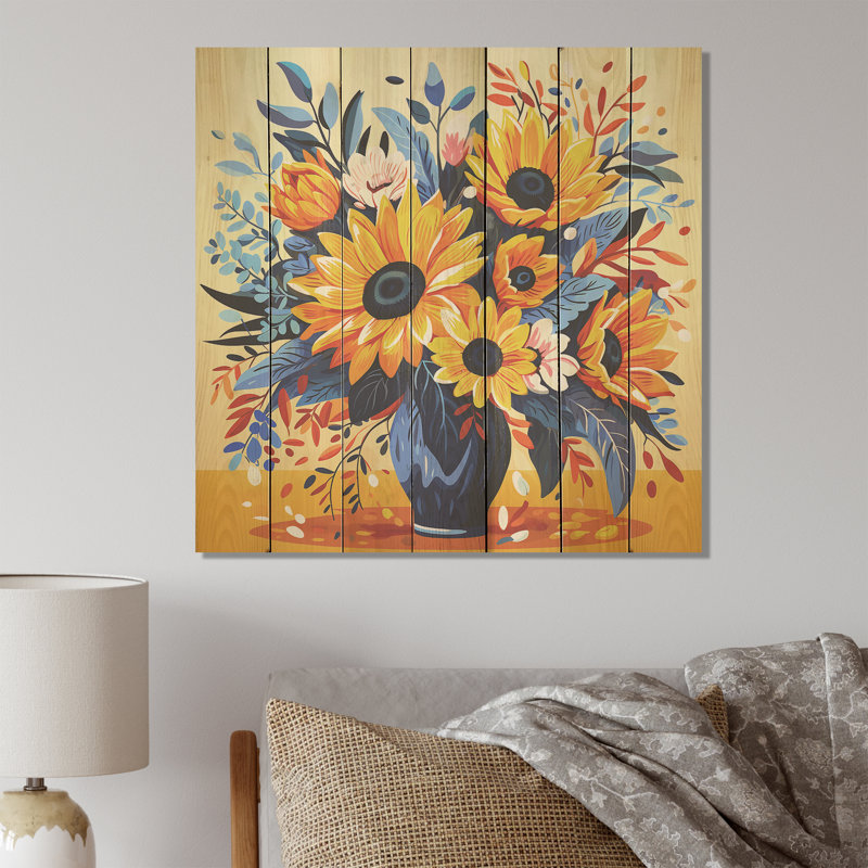 Yellow Boho Sunflower Bouquet Elegance I - Sunflower On Wood Print, 25" H x 25" W