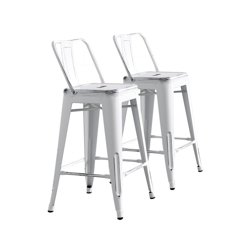 Ensemble de 2 tabourets de bar industriels, sièges en métal à hauteur de comptoir de 24 pouces avec dossier baquet, finition naturelle et blanche