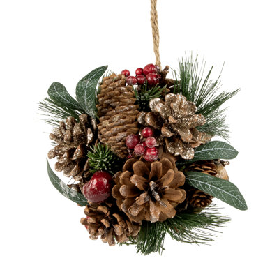 Mixed Foliage Pinecone and Berries Ball Ornament