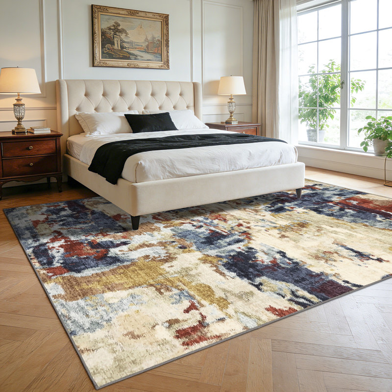 Tapis moderne lavable abstrait pour le salon de la chambre à coucher, Red, Rectangle 9' x 12'