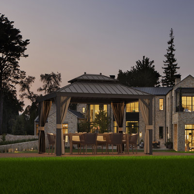 Pavillon de jardin en aluminium à toit rigide avec toit en acier galvanisé à double évent - comprend une moustiquaire et des rideaux d'intimité - pour la cour, le jardin, la terrasse et le bord de la piscine
