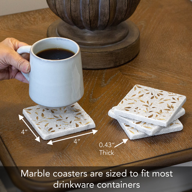 Gilded Vine Natural Marble Square Coaster Set with Cork Backing