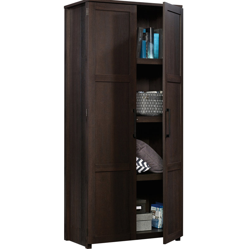Armoire de rangement en bois d'ingénierie brun, quatre tablettes pour livres et autres articles, caché, différentes zones convenant au brun avec tablettes fixes, buanderie, polyvalente et facile à installer