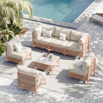 Ensemble de conversation modulaire à 6 places en osier de patio avec coussins