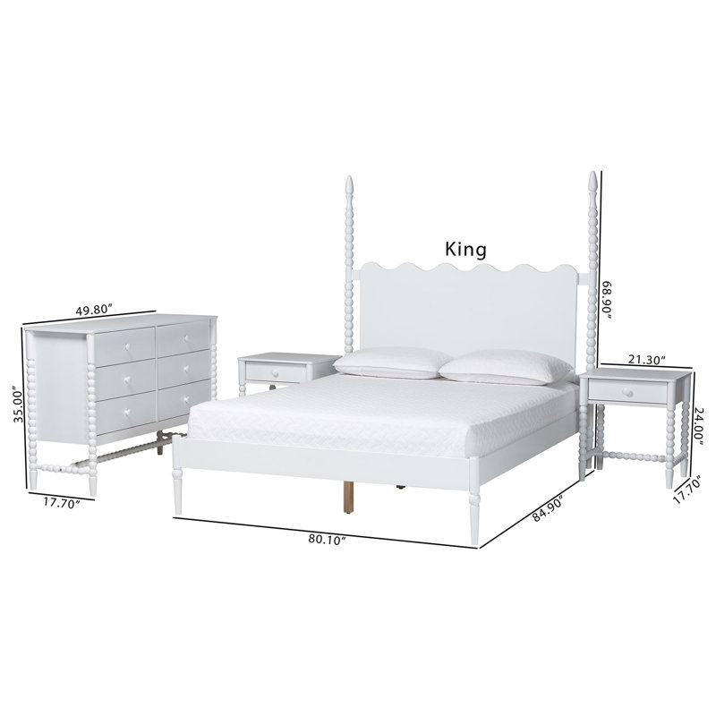 Ensemble de chambre à coucher à 4 tiroirs Baxton Studio Brantley, 1 lit grand format ; 2 tables de chevet ; 1 commod, Blanc
