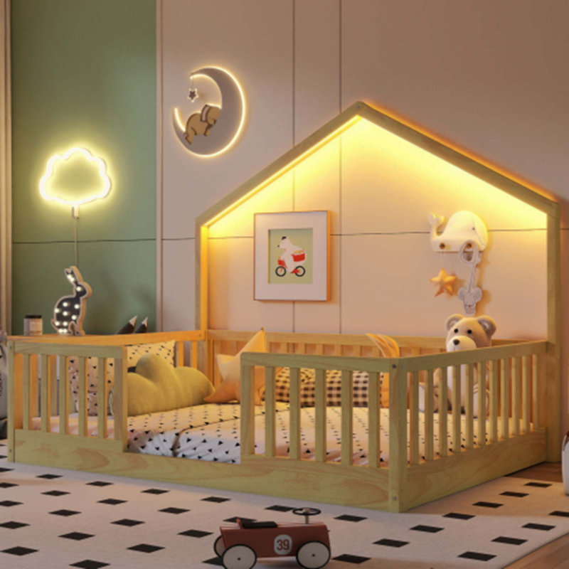 Lit sur pied avec rails hauts, lit Montessori en bois avec lumière pour enfants, garçons et filles, Double, Naturel