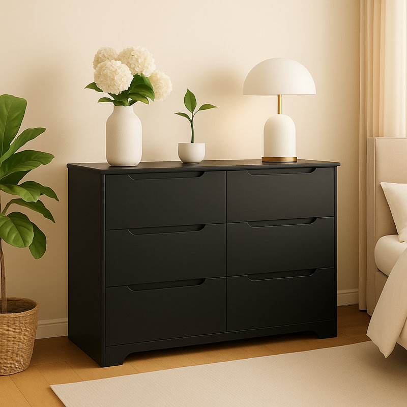 47.3-inch wide 6-drawer double dresser with concealed handles, Black