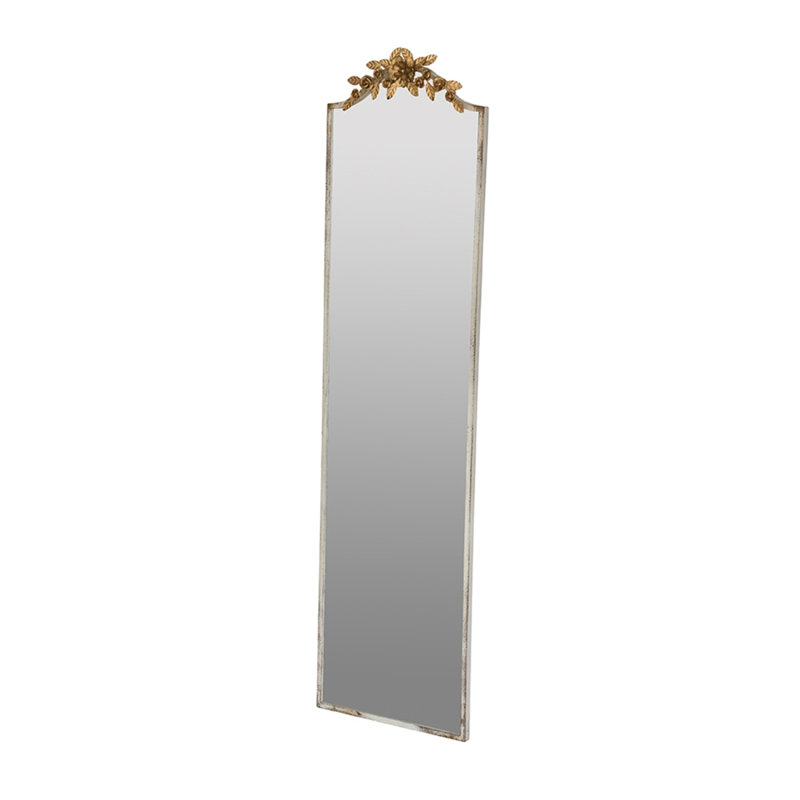 Grand miroir rectangulaire 18,1 x 1,6 x 70,9 po avec cadre ivoire délavé et couronne florale dorée